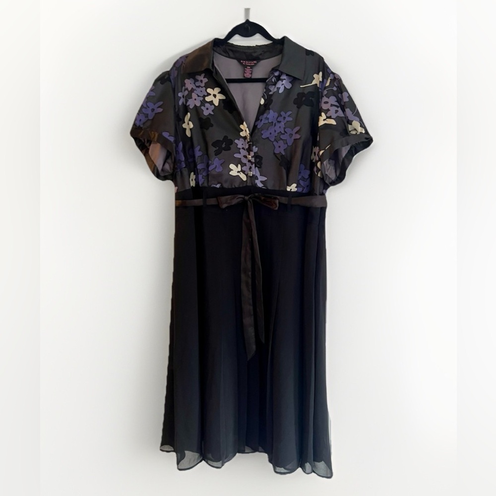Signature By Robbie Bee Womens Floral Bodice Dress Black Purple Tie Waist